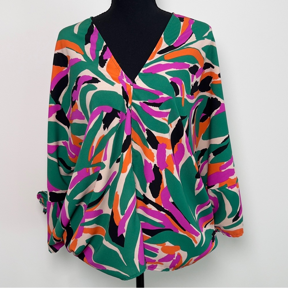 Tropical Boho Printed V-Neck Blouse in Green Multi Colors Womens XL Tie Sleeves